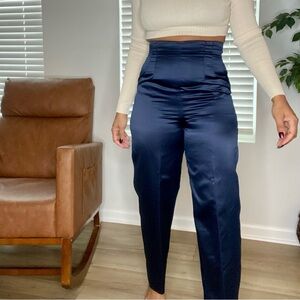 Navy Blue High-Waisted Satin Trousers